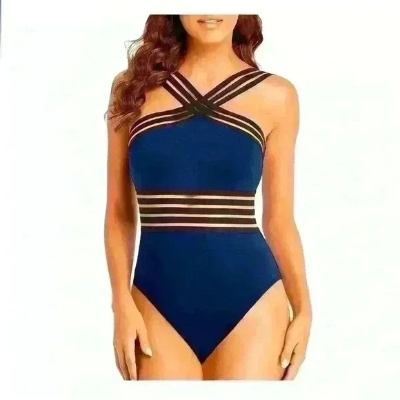 NWT Hilor navy blue Front Crossover One Piece Swimsuit Women’s Large Size 10-12 - Picture 1 of 8